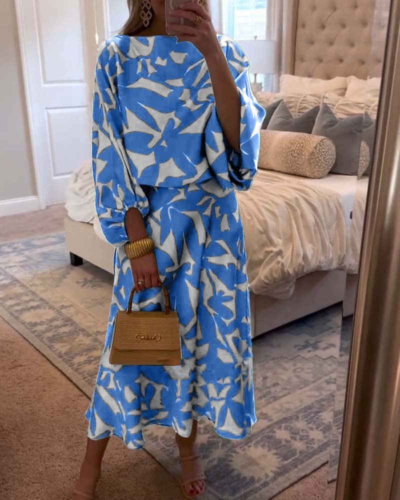 Women's Floral-Print Lantern-Sleeve Coordinated Top Midi Skirt Set - Blue