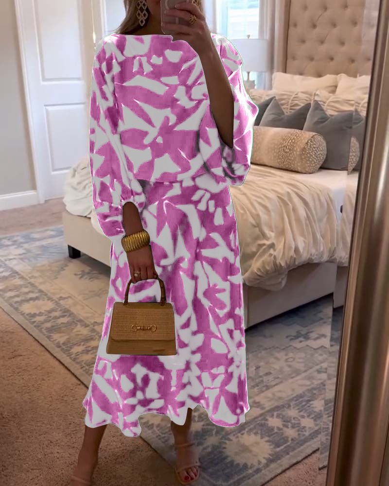 Women's Floral-Print Lantern-Sleeve Coordinated Top Midi Skirt Set - Pink