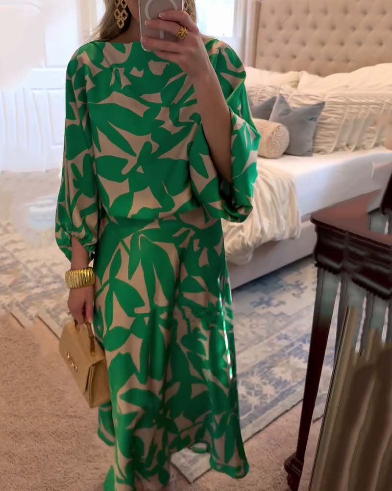 Women's Floral-Print Lantern-Sleeve Coordinated Top Midi Skirt Set