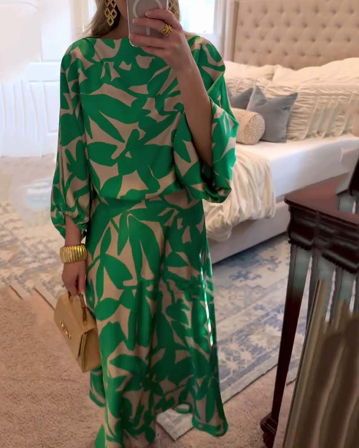 Women's Floral-Print Lantern-Sleeve Coordinated Top Midi Skirt Set