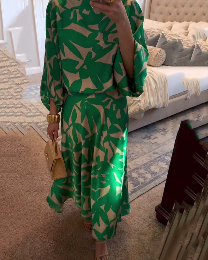 Women's Floral-Print Lantern-Sleeve Coordinated Top Midi Skirt Set