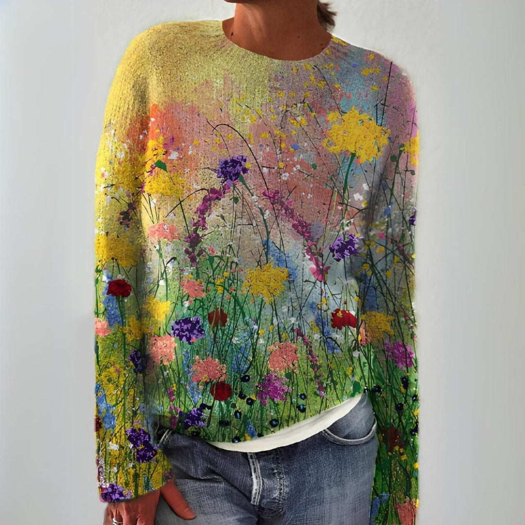 Women's Floral Print Long-Sleeve Knit Sweater - Multicolor