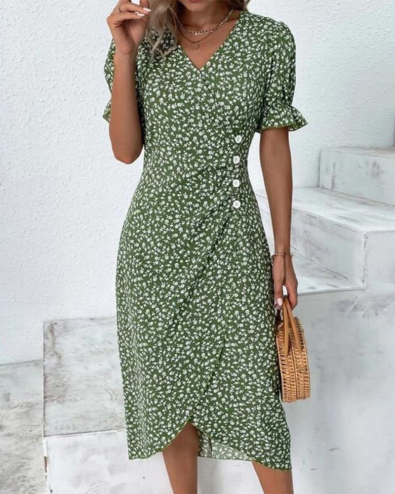 Women's Floral-Print Ruffle-Sleeve V-Neck Midi Wrap Dress - Green