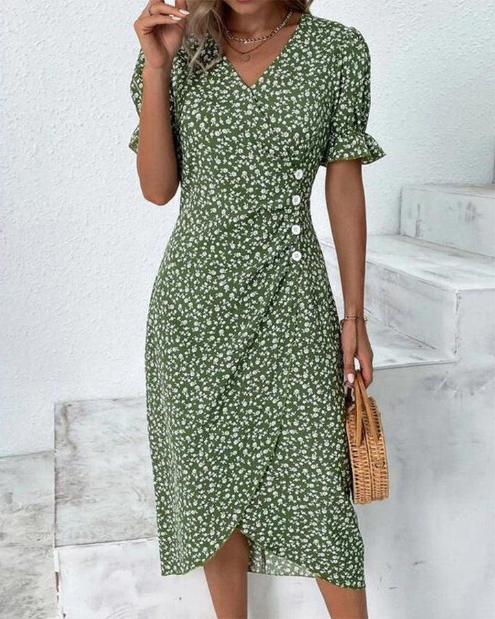 Women's Floral-Print Ruffle-Sleeve V-Neck Midi Wrap Dress - Green