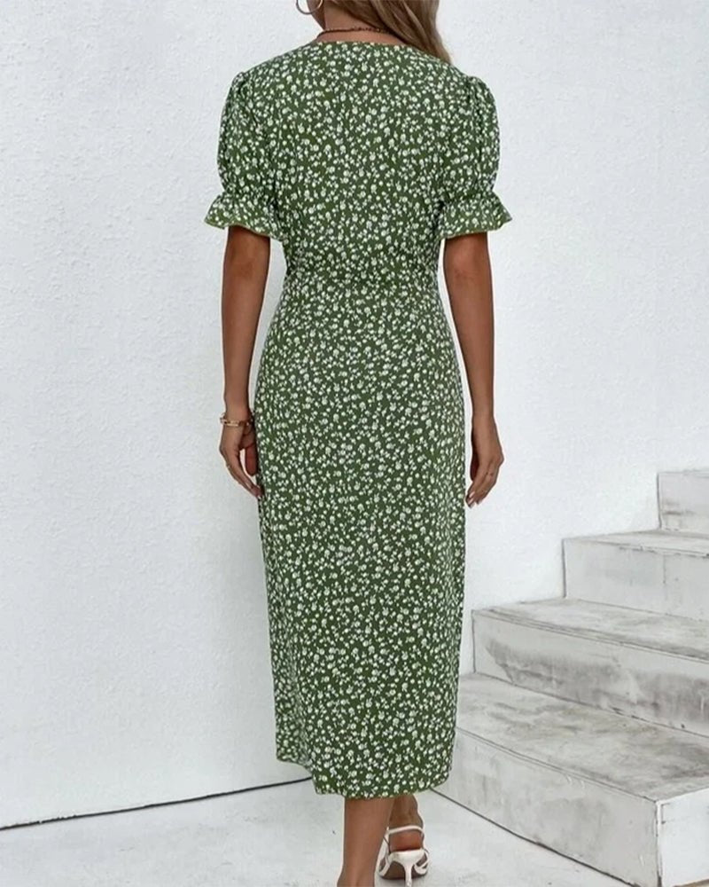 Women's Floral-Print Ruffle-Sleeve V-Neck Midi Wrap Dress