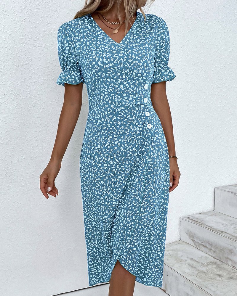 Women's Floral-Print Ruffle-Sleeve V-Neck Midi Wrap Dress - Blue