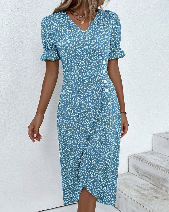 Women's Floral-Print Ruffle-Sleeve V-Neck Midi Wrap Dress - Blue