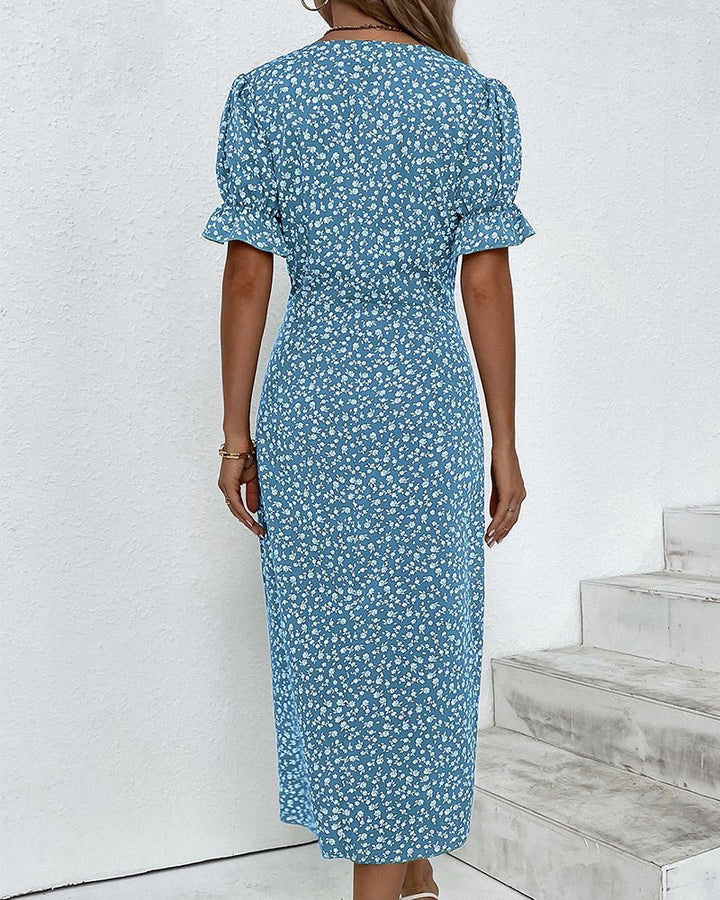 Women's Floral-Print Ruffle-Sleeve V-Neck Midi Wrap Dress