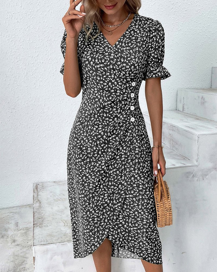 Women's Floral-Print Ruffle-Sleeve V-Neck Midi Wrap Dress - Black