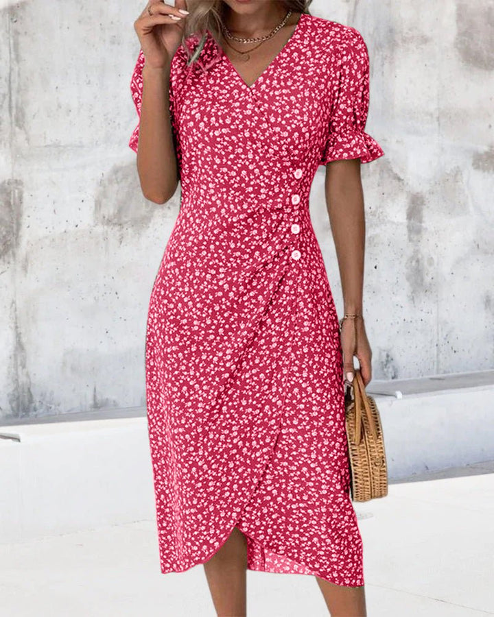 Women's Floral-Print Ruffle-Sleeve V-Neck Midi Wrap Dress - Red