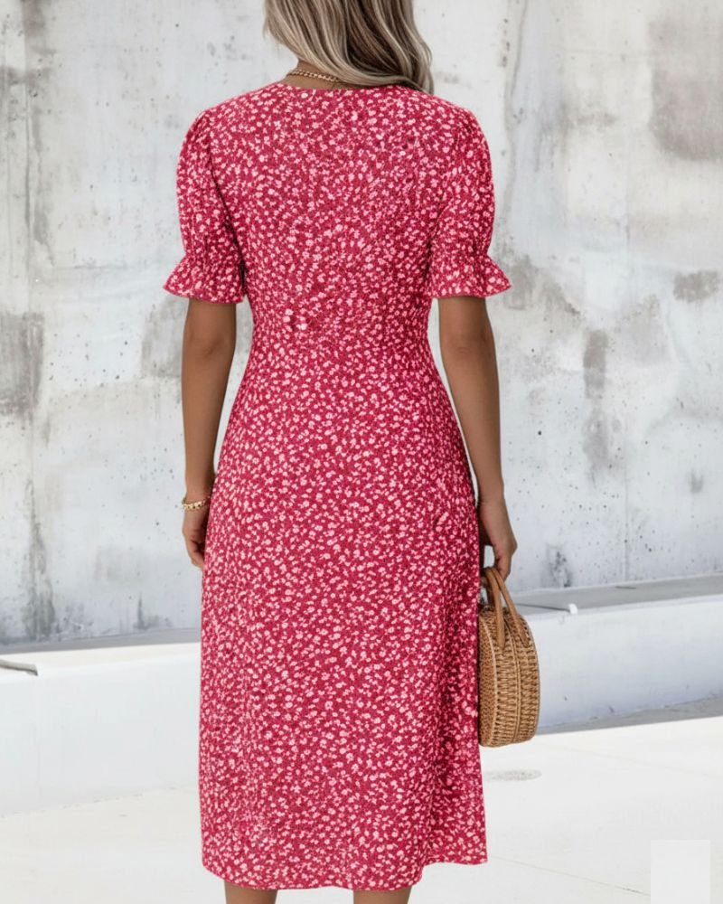 Women's Floral-Print Ruffle-Sleeve V-Neck Midi Wrap Dress
