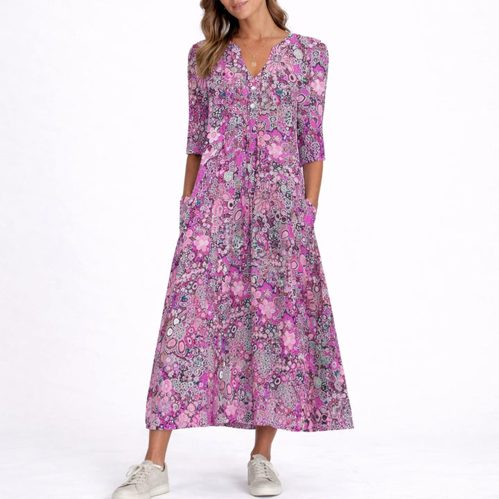 Women's Floral Print V-Neck Midi Fall Wedding Guest Dress - Purple