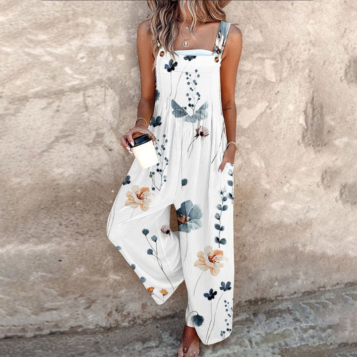 Women's Floral Print Wide-Leg Sleeveless Overalls Jumpsuit - White