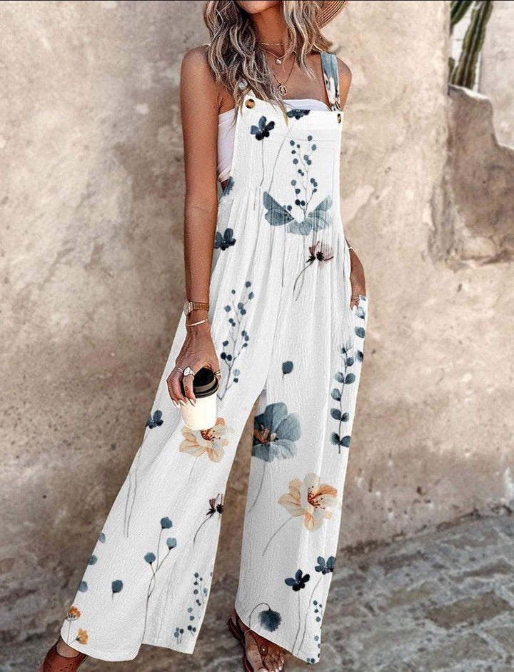 Women's Floral Print Wide-Leg Sleeveless Overalls Jumpsuit