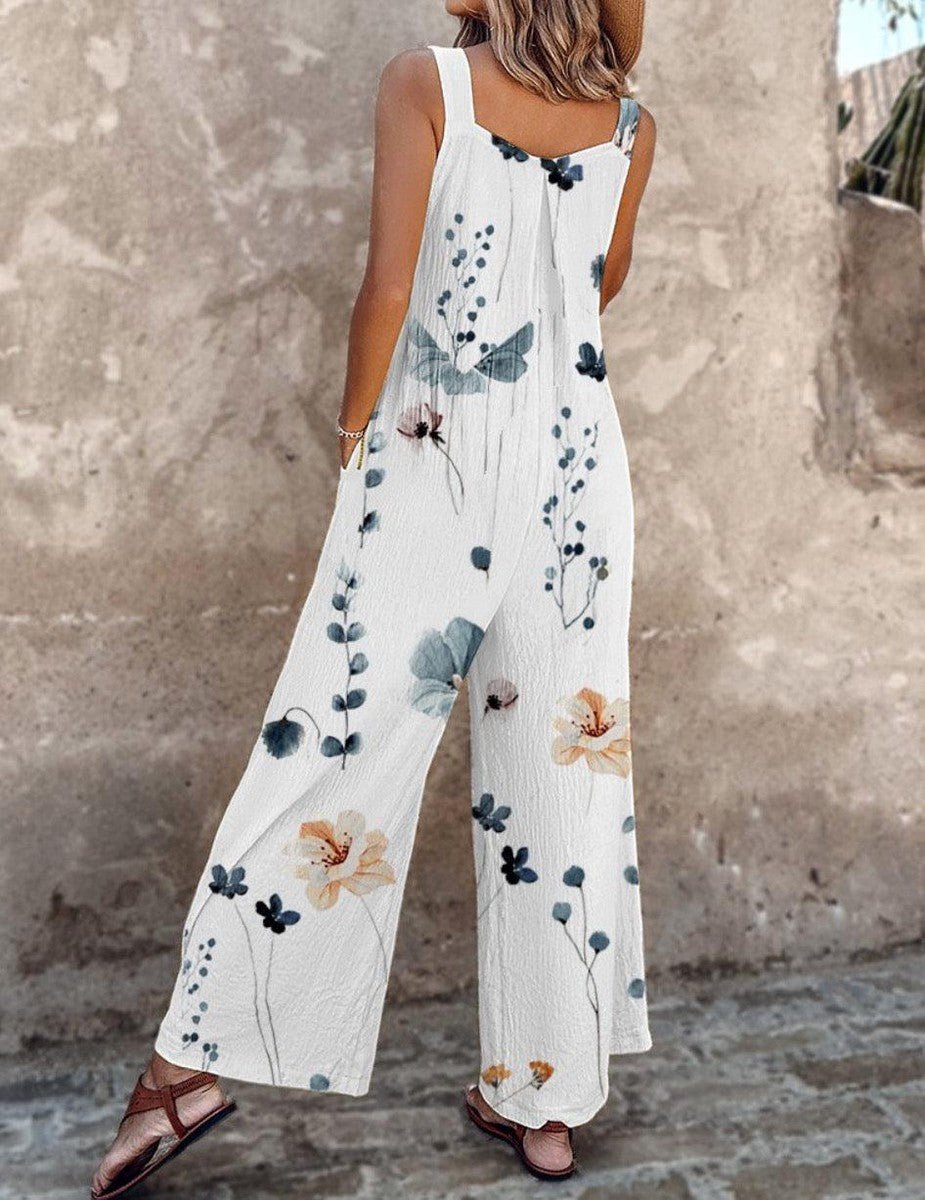 Women's Floral Print Wide-Leg Sleeveless Overalls Jumpsuit