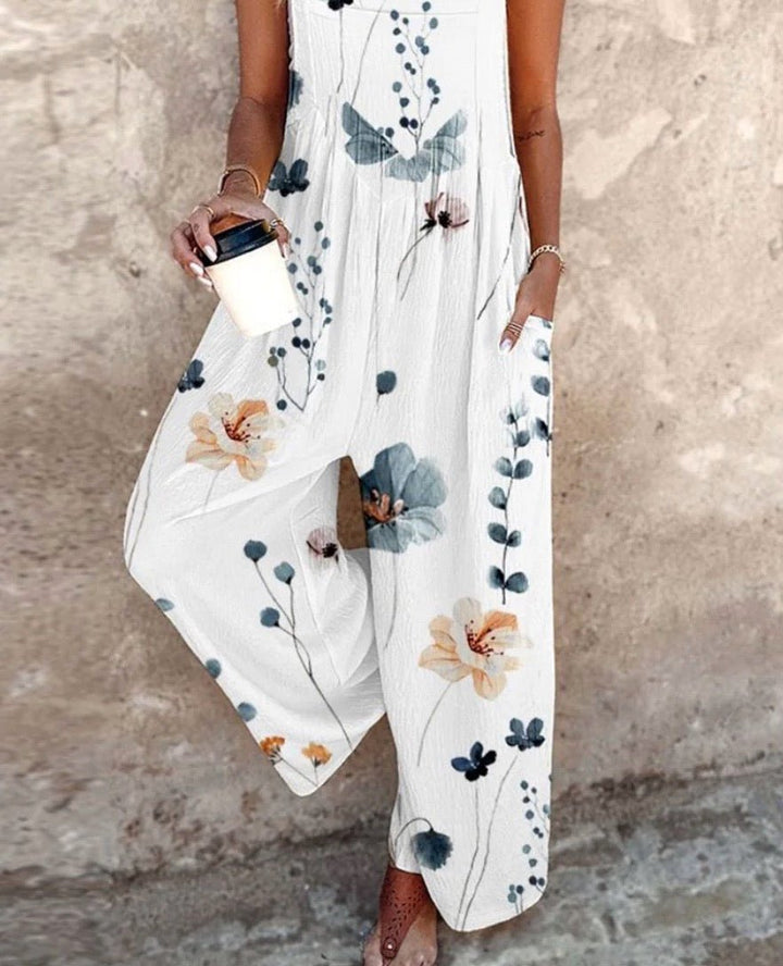 Women's Floral Print Wide-Leg Sleeveless Overalls Jumpsuit