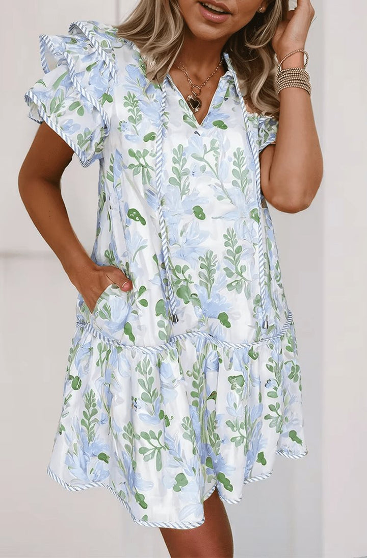 Women's Floral Ruffle-Sleeve Tie-Neck Relaxed Mini Dress - Blue