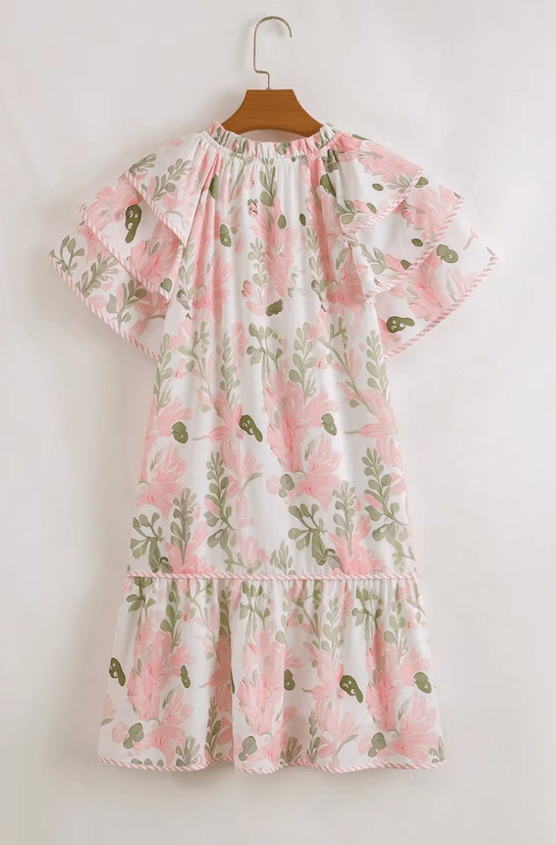 Women's Floral Ruffle-Sleeve Tie-Neck Relaxed Mini Dress
