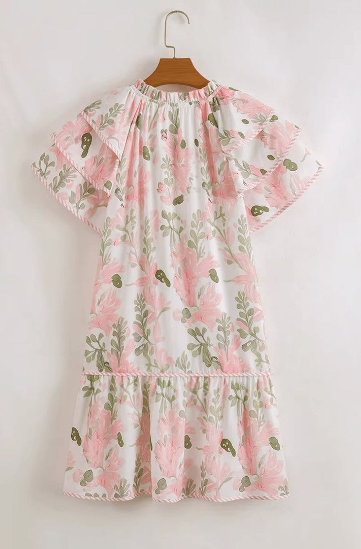 Women's Floral Ruffle-Sleeve Tie-Neck Relaxed Mini Dress