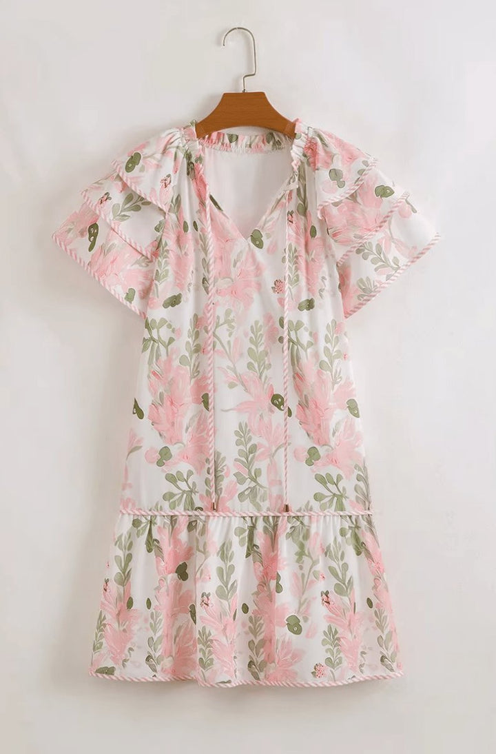 Women's Floral Ruffle-Sleeve Tie-Neck Relaxed Mini Dress