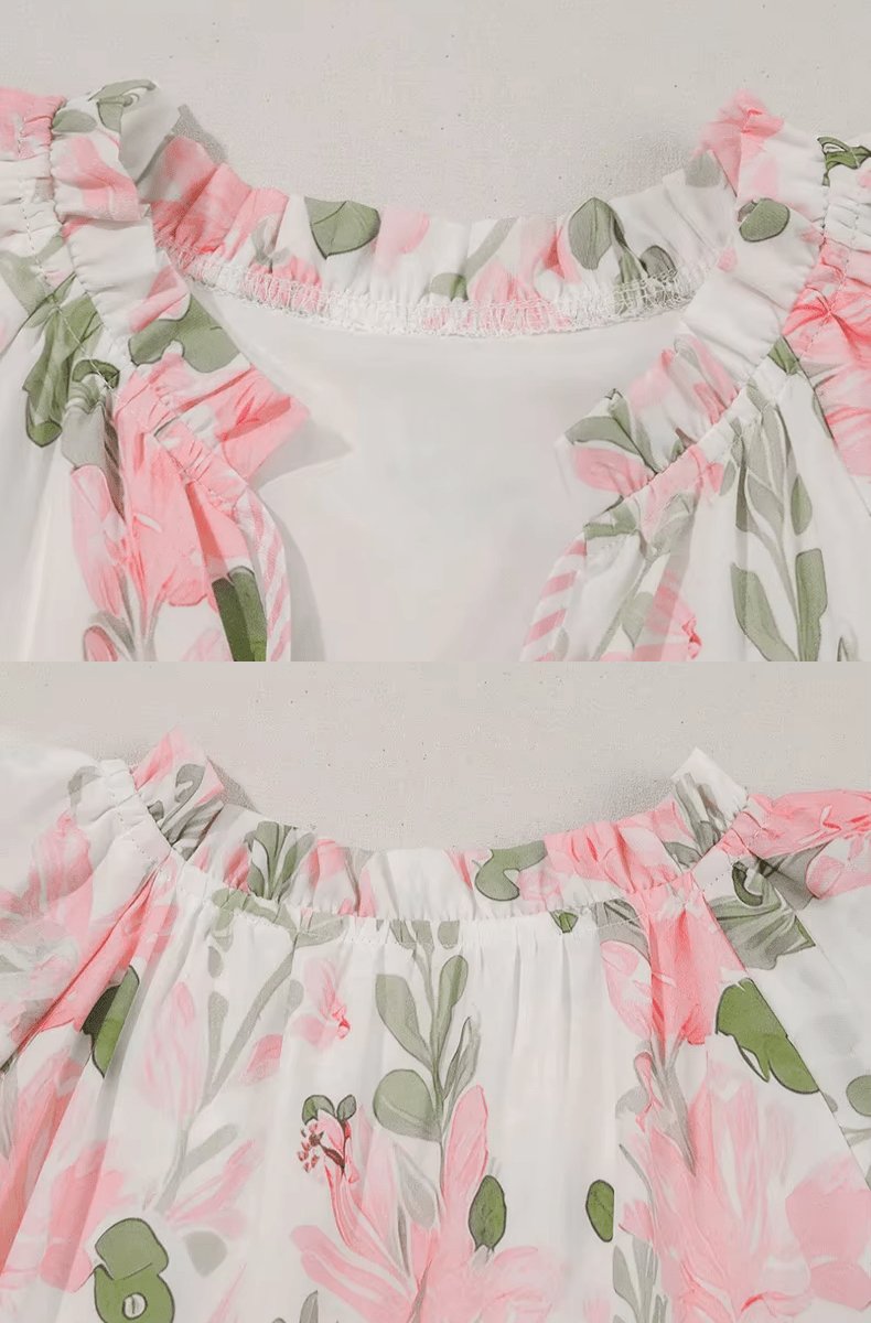Women's Floral Ruffle-Sleeve Tie-Neck Relaxed Mini Dress