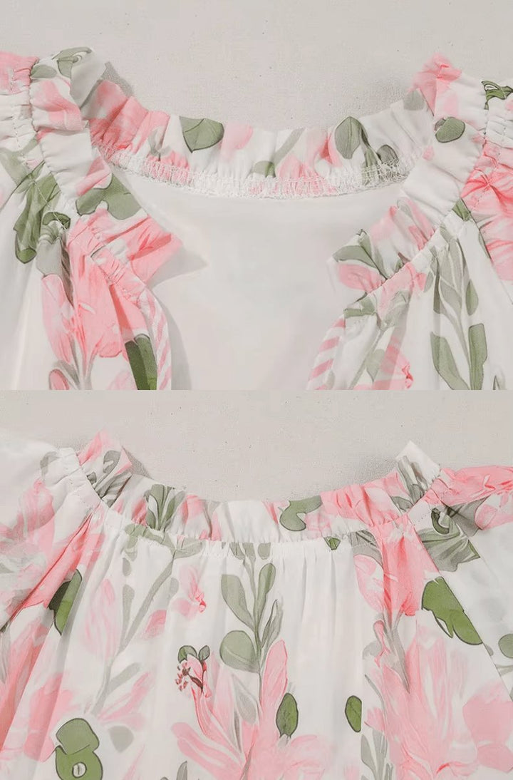 Women's Floral Ruffle-Sleeve Tie-Neck Relaxed Mini Dress