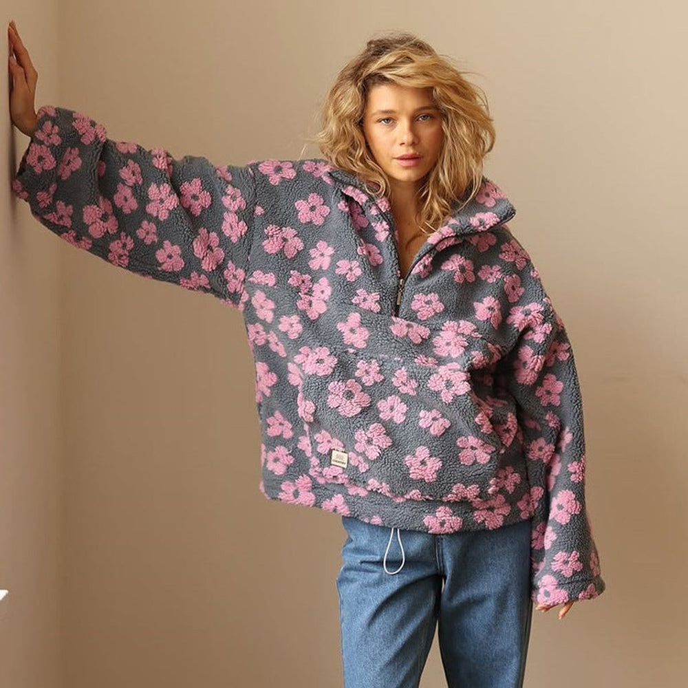 Women's Floral Sherpa Fleece Half-Zip Pullover Sweater