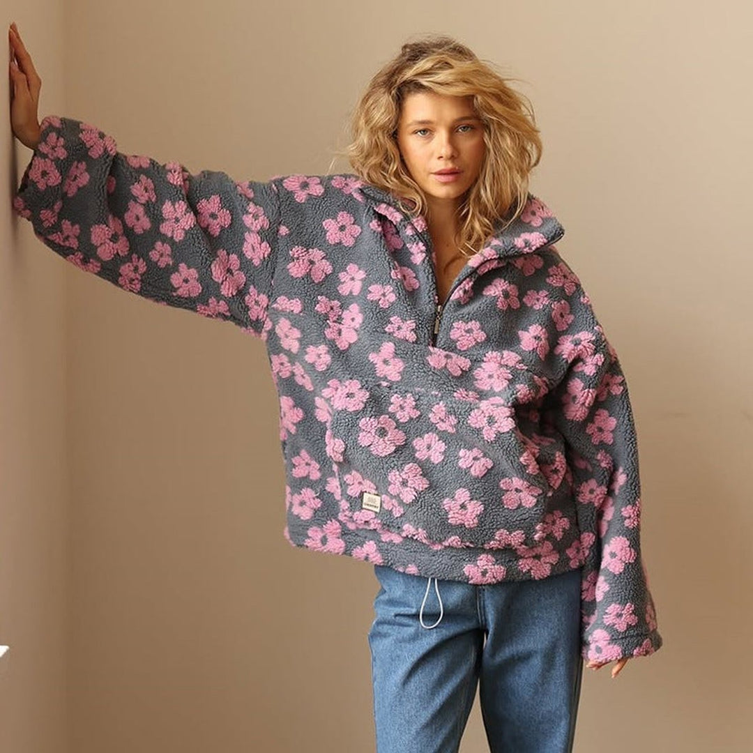 Women's Floral Sherpa Fleece Half-Zip Pullover Sweater
