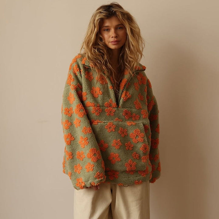 Women's Floral Sherpa Fleece Half-Zip Pullover Sweater