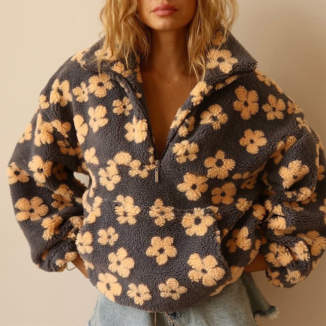 Women's Floral Sherpa Fleece Half-Zip Pullover Sweater - Yellow