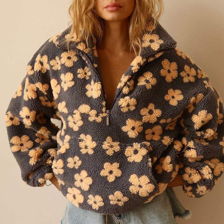 Women's Floral Sherpa Fleece Half-Zip Pullover Sweater - Yellow
