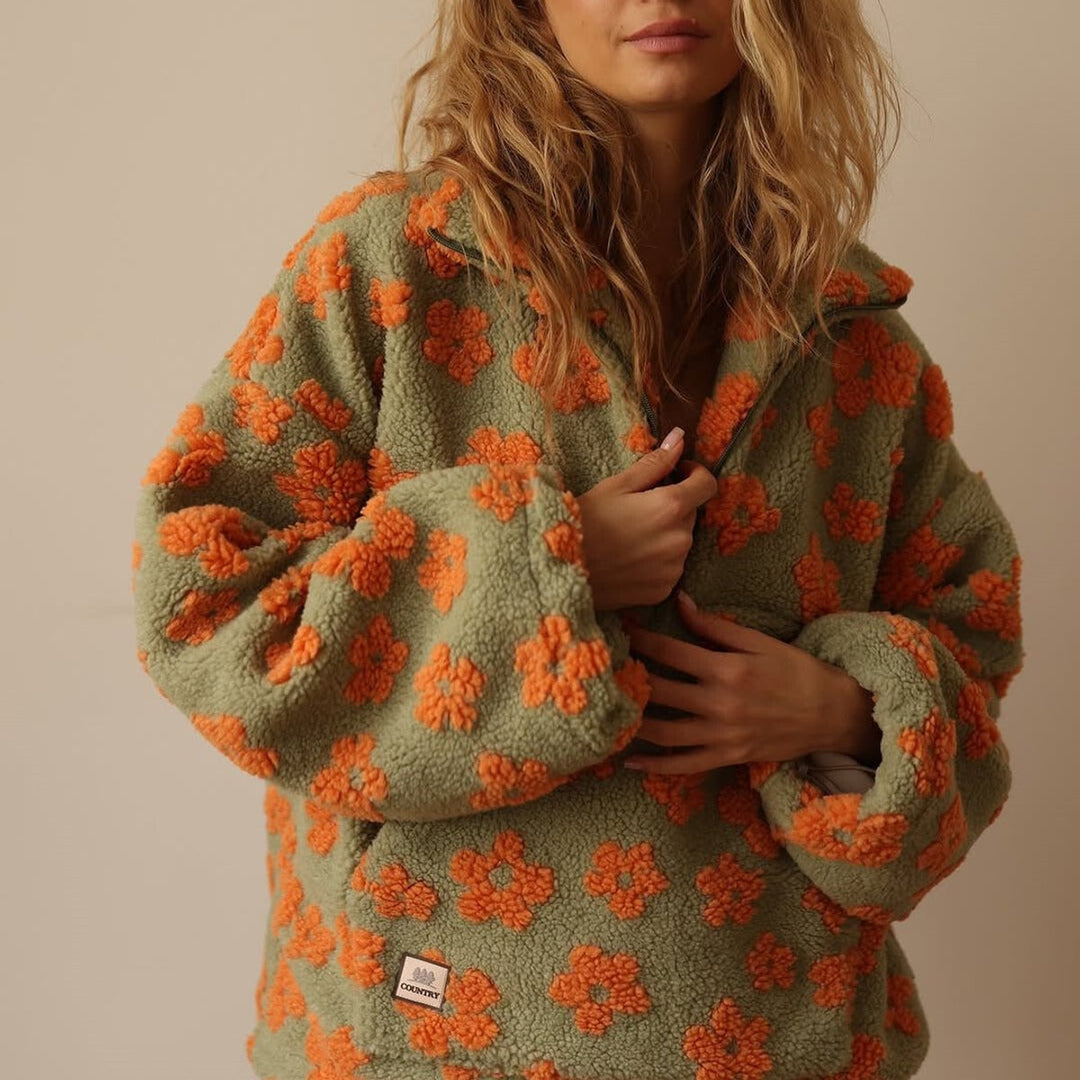 Women's Floral Sherpa Fleece Half-Zip Pullover Sweater - Orange