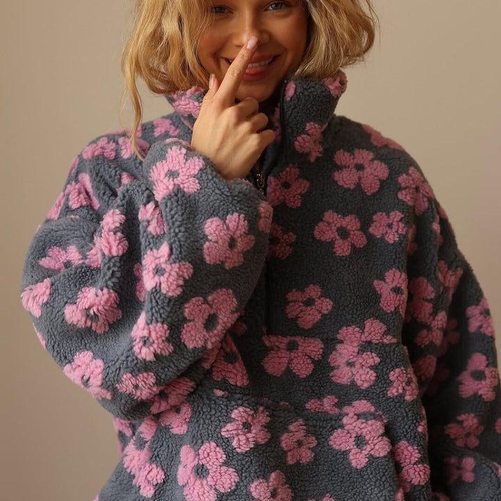 Women's Floral Sherpa Fleece Half-Zip Pullover Sweater - Pink
