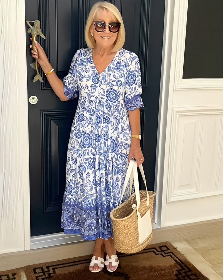 Women's Floral Short Sleeve Dress V-Neck Tiered Midi - Blue