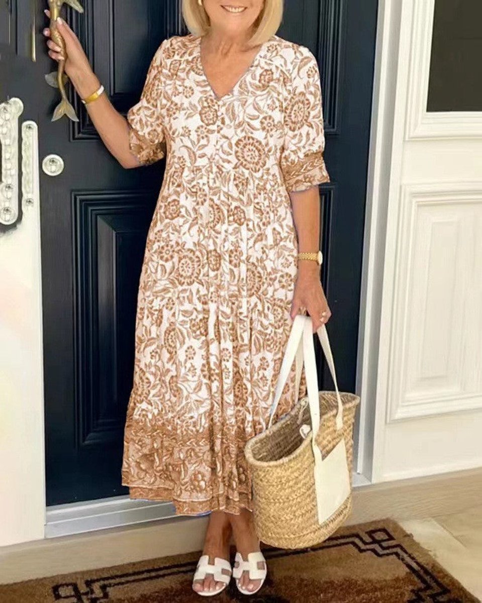 Women's Floral Short Sleeve Dress V-Neck Tiered Midi - Orange