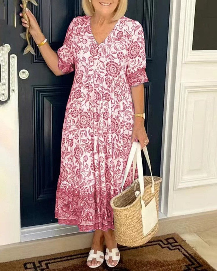 Women's Floral Short Sleeve Dress V-Neck Tiered Midi - Pink