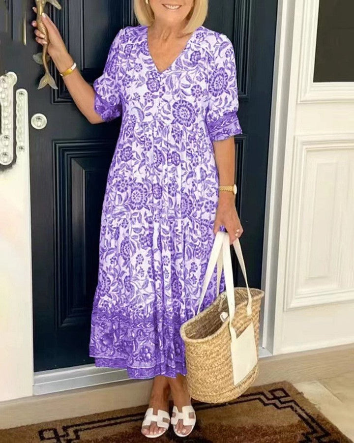 Women's Floral Short Sleeve Dress V-Neck Tiered Midi - Purple