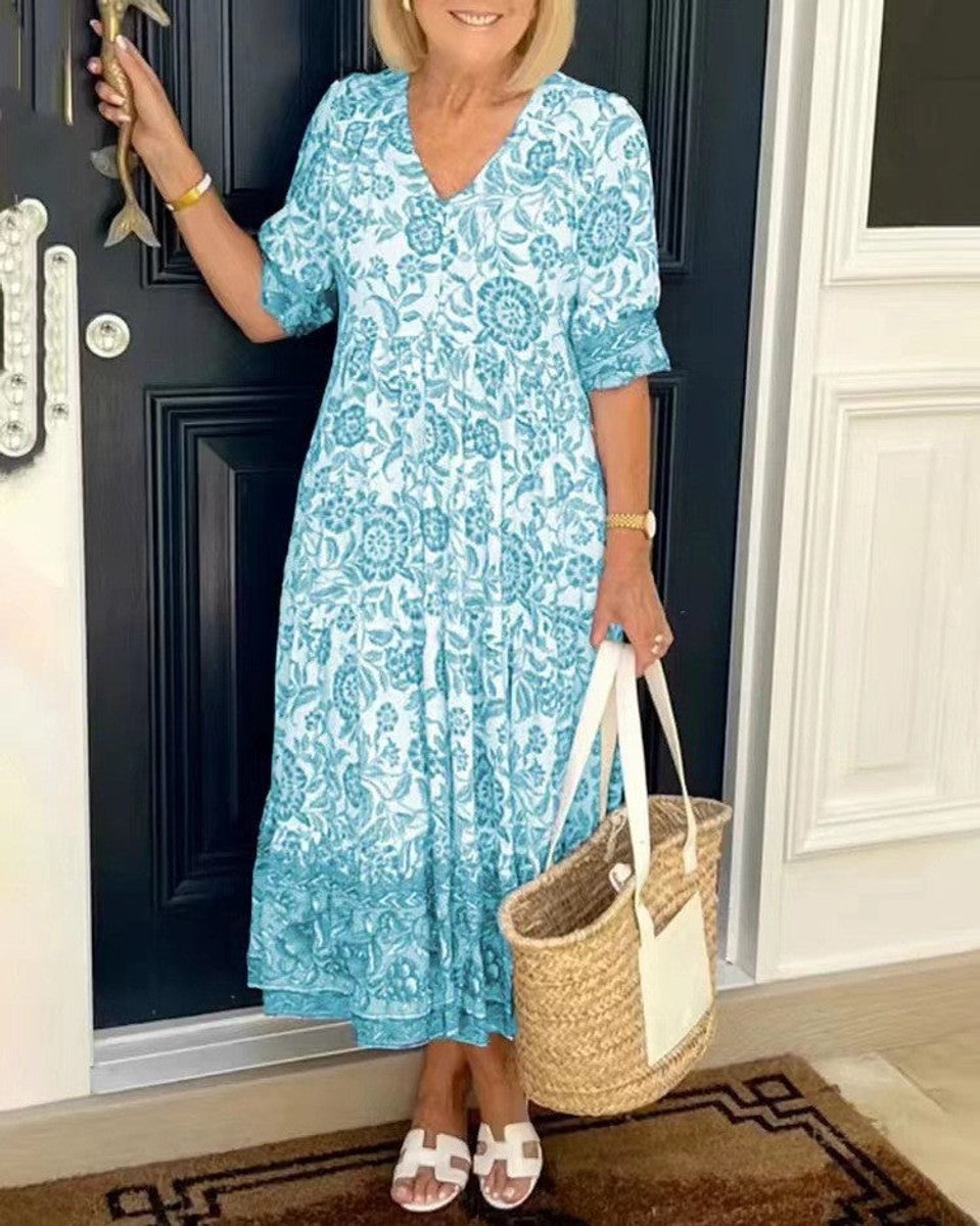 Women's Floral Short Sleeve Dress V-Neck Tiered Midi - Sky Blue