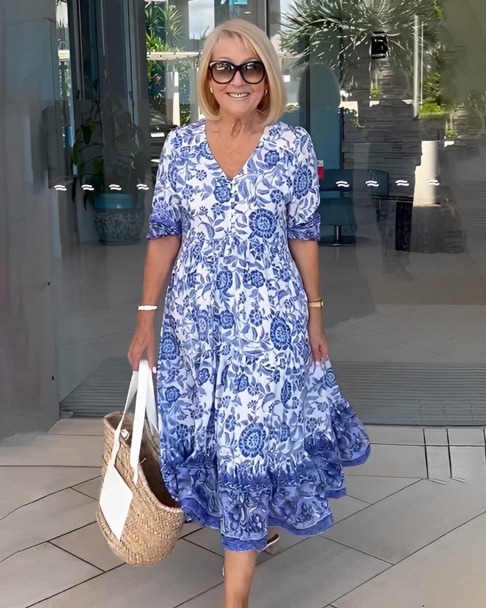 Women's Floral Short Sleeve Dress V-Neck Tiered Midi