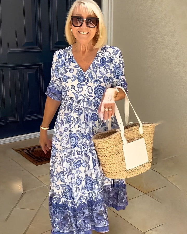Women's Floral Short Sleeve Dress V-Neck Tiered Midi