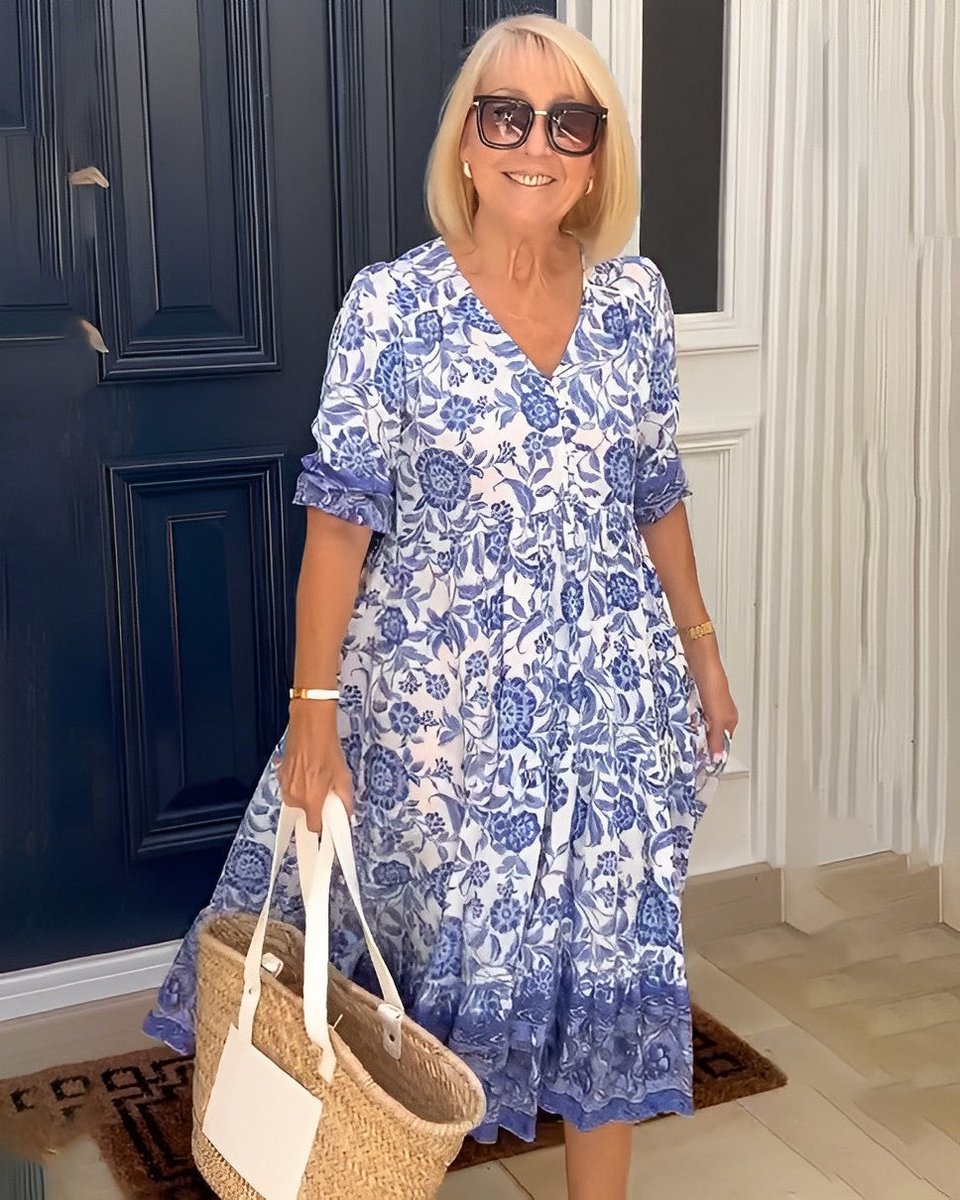 Women's Floral Short Sleeve Dress V-Neck Tiered Midi