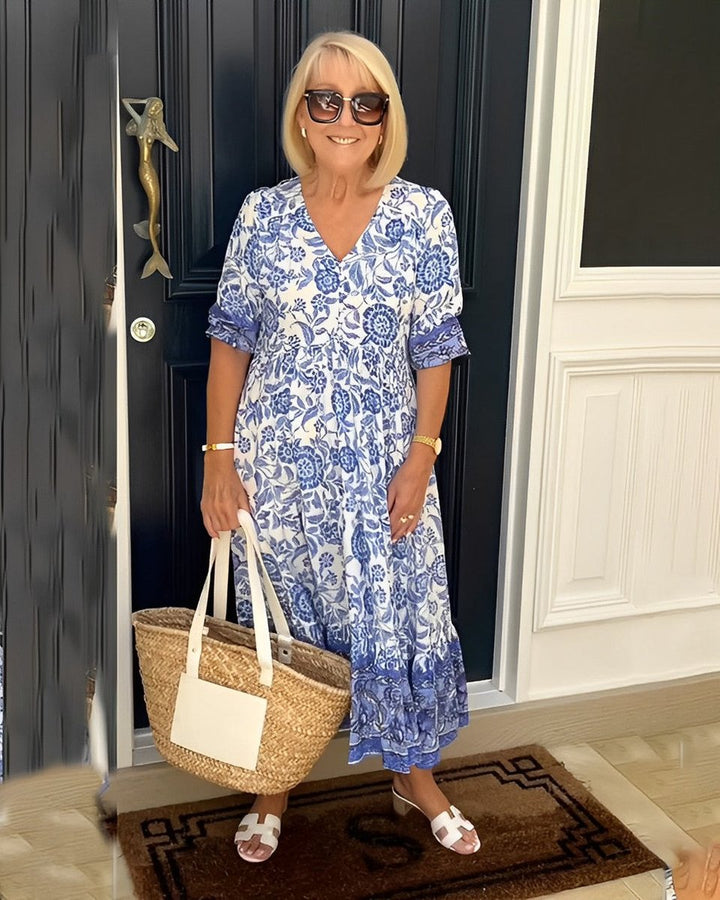 Women's Floral Short Sleeve Dress V-Neck Tiered Midi