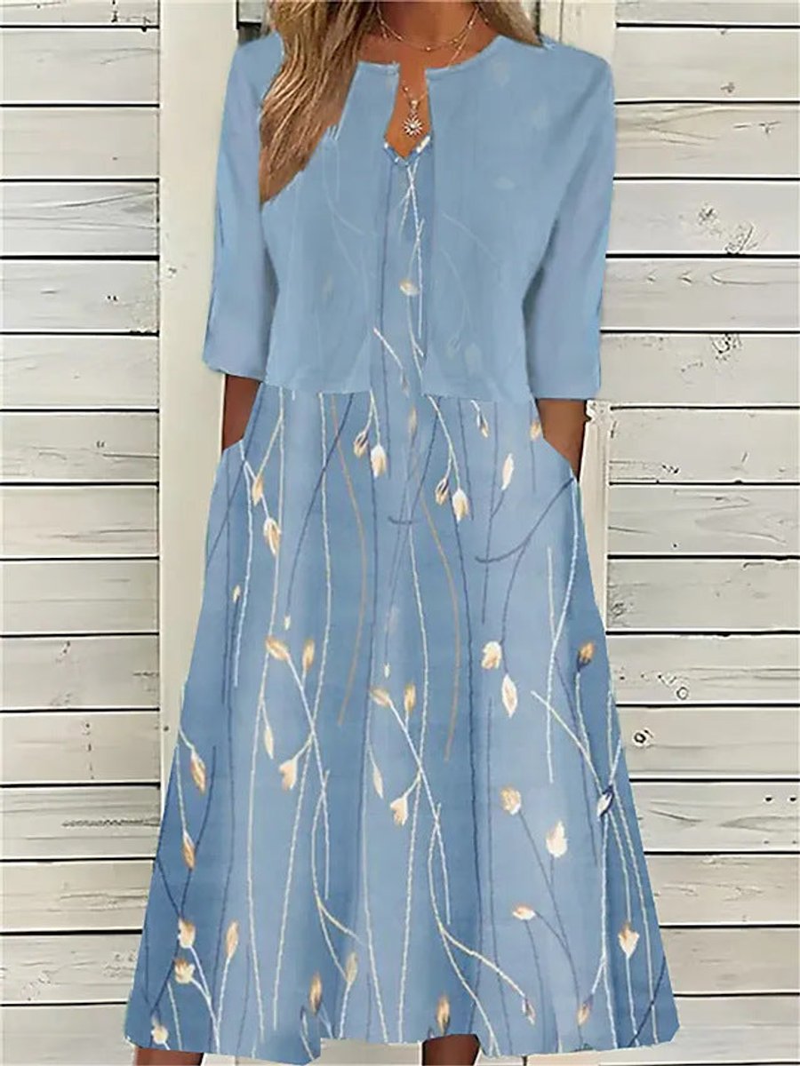 Women's Floral Two-Piece 3/4 Sleeve A-Line Midi Dress