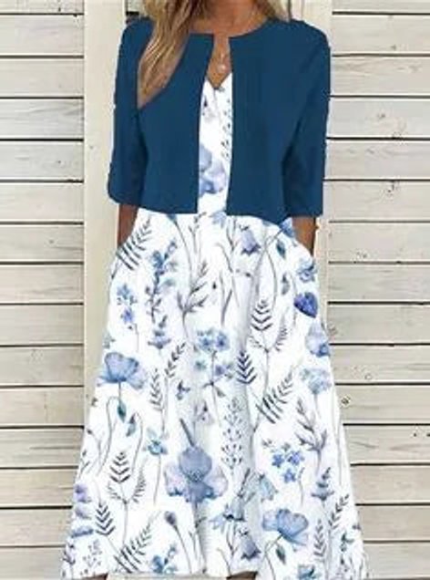 Women's Floral Two-Piece 3/4 Sleeve A-Line Midi Dress - Dark Blue