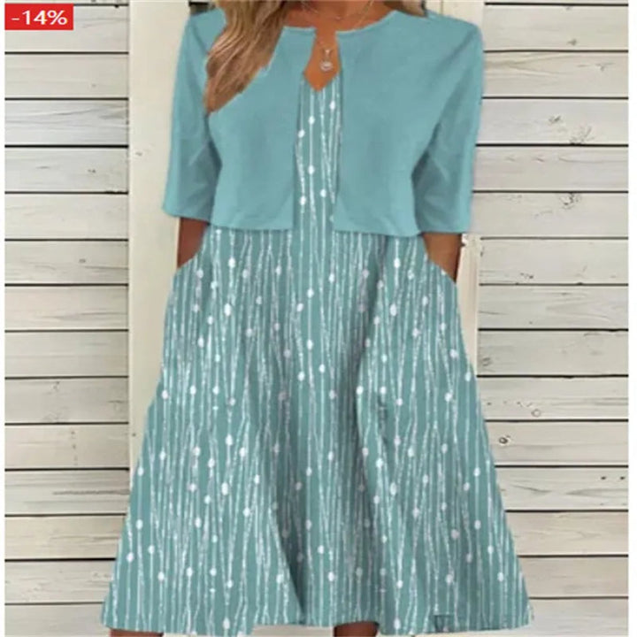 Women's Floral Two-Piece 3/4 Sleeve A-Line Midi Dress - Teal