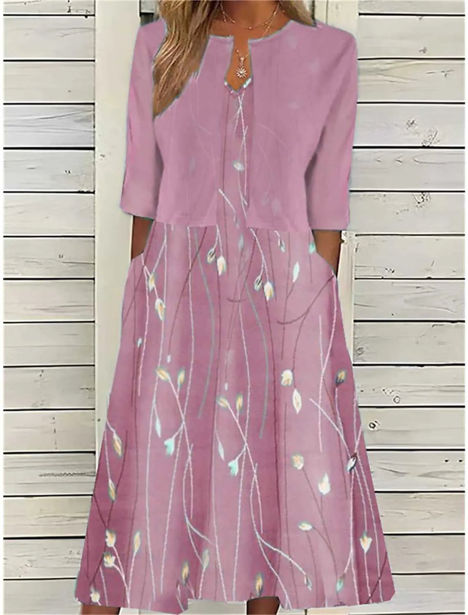 Women's Floral Two-Piece 3/4 Sleeve A-Line Midi Dress - Pink