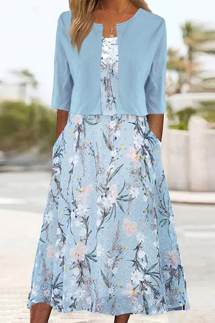 Women's Floral Two-Piece 3/4 Sleeve A-Line Midi Dress - Light Blue