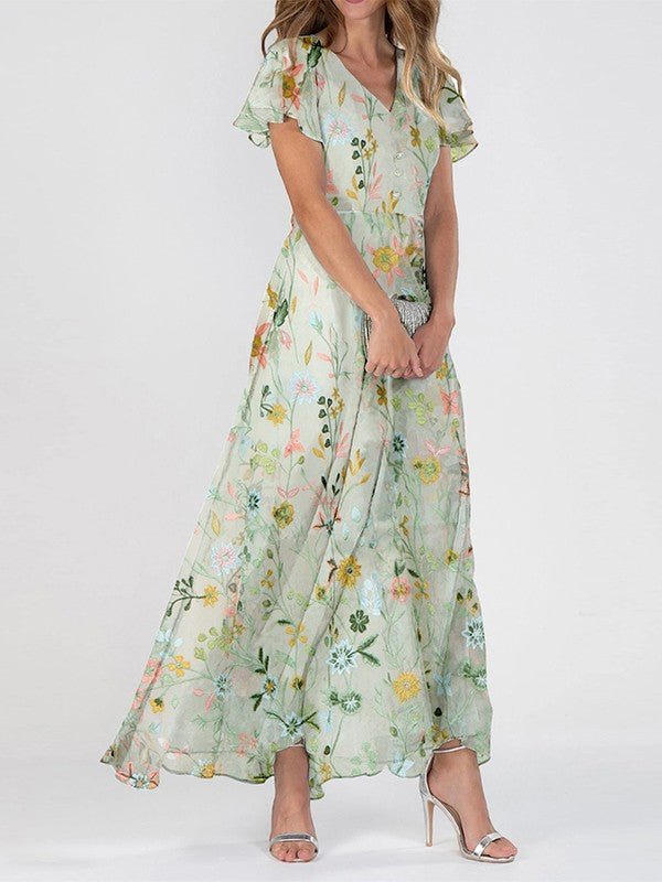 Women's Floral V-Neck Flutter-Sleeve Maxi Dress - Groen