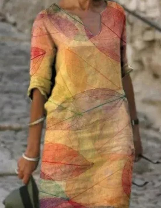 Women's Floral V-Neck Loose-Fit Midi Dress - Dark Orange