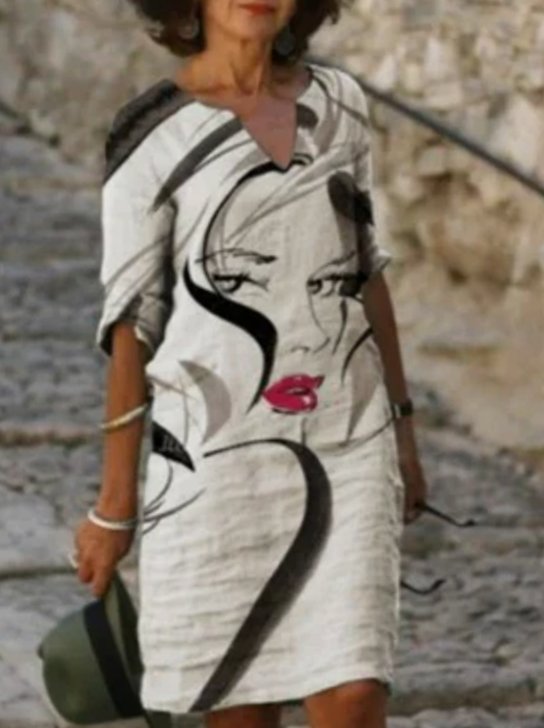 Women's Floral V-Neck Loose-Fit Midi Dress - White